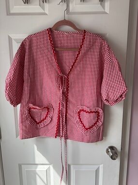 Red and White Gingham Heart Pocket Tie-Front Top